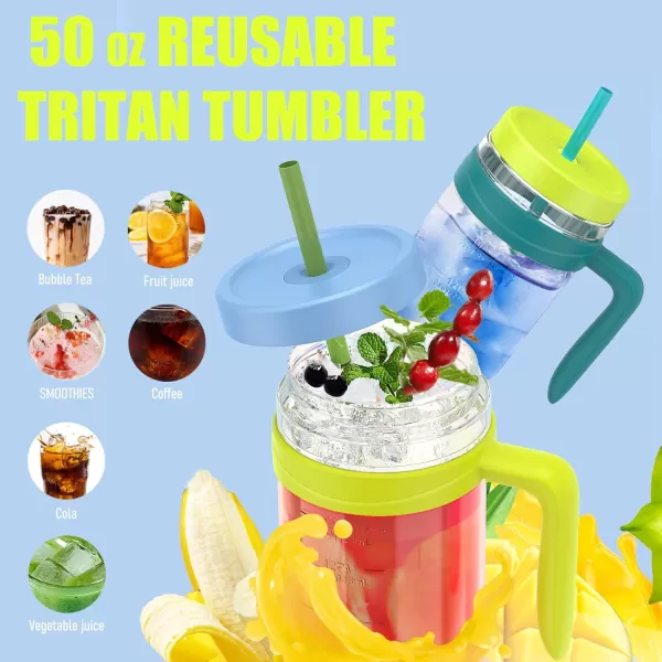 Tronco 50 oz Tritan Plastic Tumbler with Lid and Straw BPAFree Reusable Clear Water Bottle with Time Marker 100 Leak Proof ampamp Wide Mouth for Iced Coffee Juice Bubble Tea SmoothiesMint teal