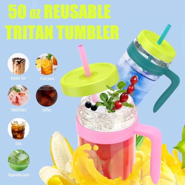 Tronco 50 oz Tritan Plastic Tumbler with Lid and Straw BPAFree Reusable Clear Water Bottle with Time Marker 100 Leak Proof ampamp Wide Mouth for Iced Coffee Juice Bubble Tea SmoothiesCroal