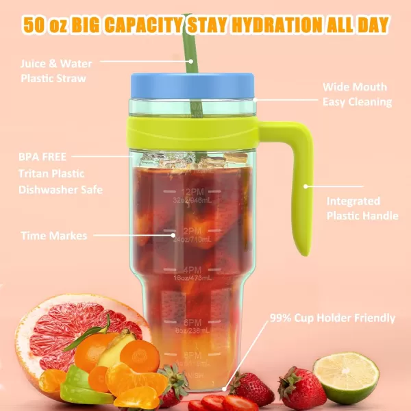 Tronco 50 oz Tritan Plastic Tumbler with Lid and Straw BPAFree Reusable Clear Water Bottle with Time Marker 100 Leak Proof ampamp Wide Mouth for Iced Coffee Juice Bubble Tea SmoothiesMint teal