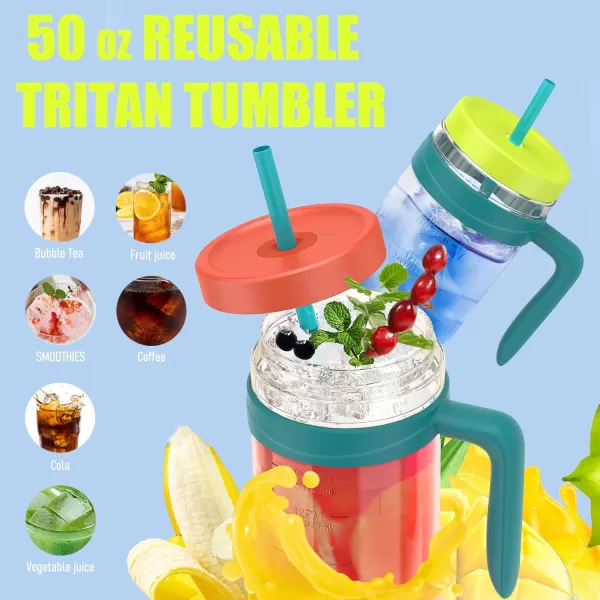 Tronco 50 oz Tritan Plastic Tumbler with Lid and Straw BPAFree Reusable Clear Water Bottle with Time Marker 100 Leak Proof ampamp Wide Mouth for Iced Coffee Juice Bubble Tea SmoothiesCoral cream
