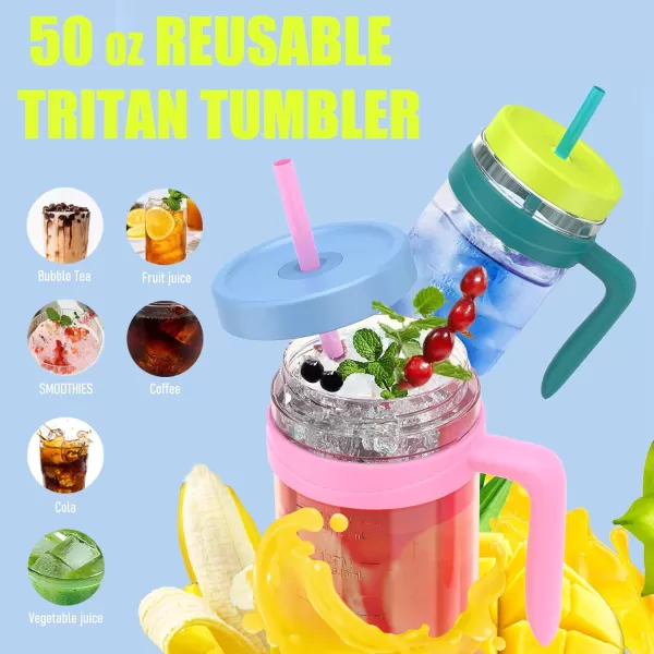 Tronco 50 oz Tritan Plastic Tumbler with Lid and Straw BPAFree Reusable Clear Water Bottle with Time Marker 100 Leak Proof ampamp Wide Mouth for Iced Coffee Juice Bubble Tea SmoothiesGrayish blue