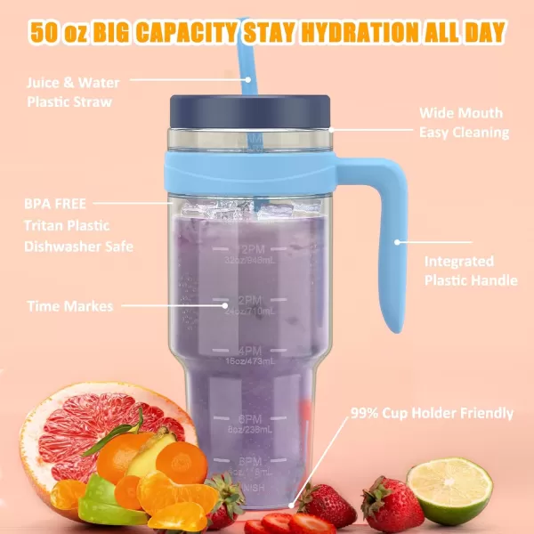 Tronco 50 oz Tritan Plastic Tumbler with Lid and Straw BPAFree Reusable Clear Water Bottle with Time Marker 100 Leak Proof ampamp Wide Mouth for Iced Coffee Juice Bubble Tea SmoothiesGrayish blue