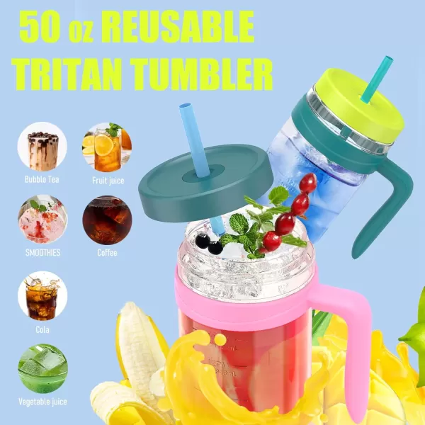 Tronco 50 oz Tritan Plastic Tumbler with Lid and Straw BPAFree Reusable Clear Water Bottle with Time Marker 100 Leak Proof ampamp Wide Mouth for Iced Coffee Juice Bubble Tea SmoothiesFancy Lilac