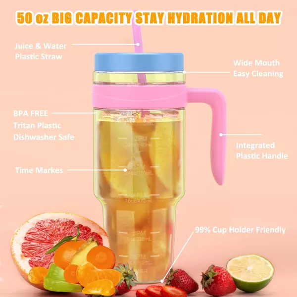 Tronco 50 oz Tritan Plastic Tumbler with Lid and Straw BPAFree Reusable Clear Water Bottle with Time Marker 100 Leak Proof ampamp Wide Mouth for Iced Coffee Juice Bubble Tea SmoothiesLemon mix