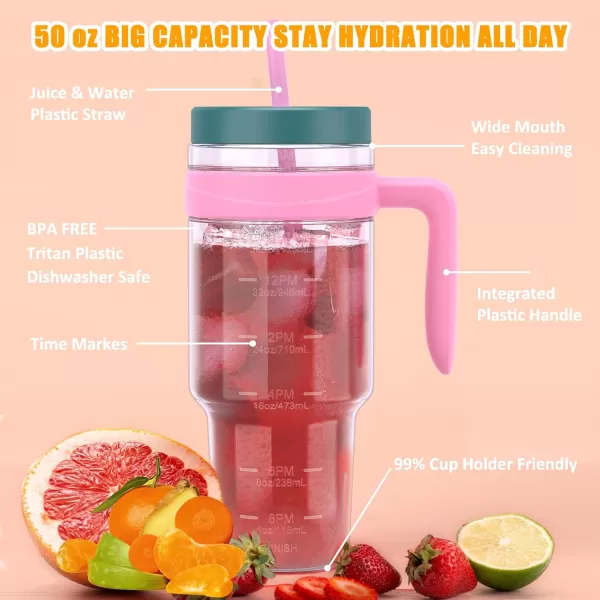 Tronco 50 oz Tritan Plastic Tumbler with Lid and Straw BPAFree Reusable Clear Water Bottle with Time Marker 100 Leak Proof ampamp Wide Mouth for Iced Coffee Juice Bubble Tea SmoothiesFancy Lilac