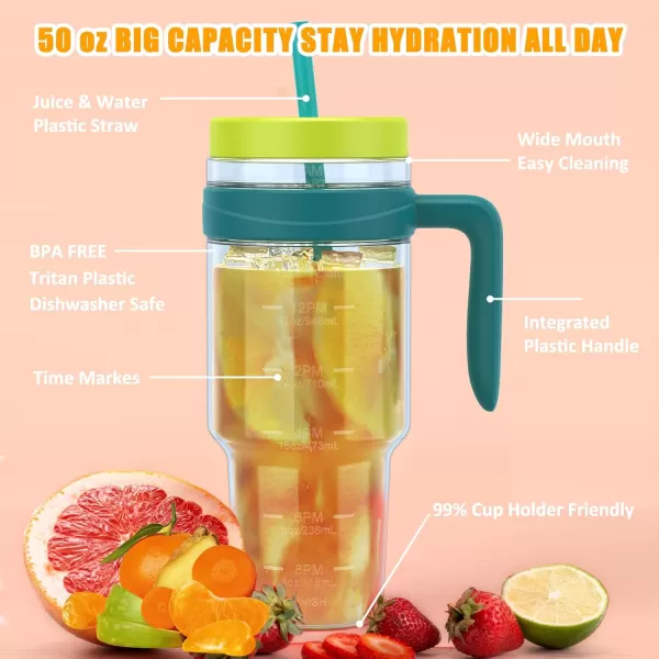 Tronco 50 oz Tritan Plastic Tumbler with Lid and Straw BPAFree Reusable Clear Water Bottle with Time Marker 100 Leak Proof ampamp Wide Mouth for Iced Coffee Juice Bubble Tea SmoothiesGlacier