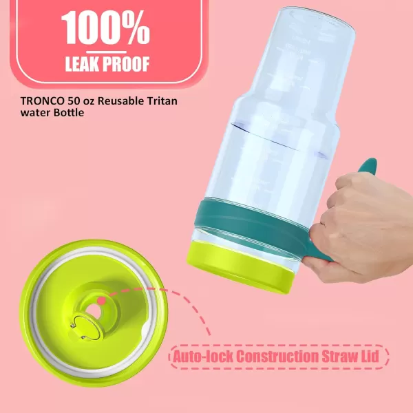 Tronco 50 oz Tritan Plastic Tumbler with Lid and Straw BPAFree Reusable Clear Water Bottle with Time Marker 100 Leak Proof ampamp Wide Mouth for Iced Coffee Juice Bubble Tea SmoothiesMint teal