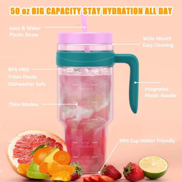 Tronco 50 oz Tritan Plastic Tumbler with Lid and Straw BPAFree Reusable Clear Water Bottle with Time Marker 100 Leak Proof ampamp Wide Mouth for Iced Coffee Juice Bubble Tea SmoothiesBarbie pink