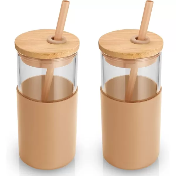 Tronco 16 oz Glass Tumbler with Straw and Bamboo Lid Iced Coffee Cup Reusable Smoothie Cups Tumbler with Silicone Protective Sleeve  BPA FreeAmber2 Pack