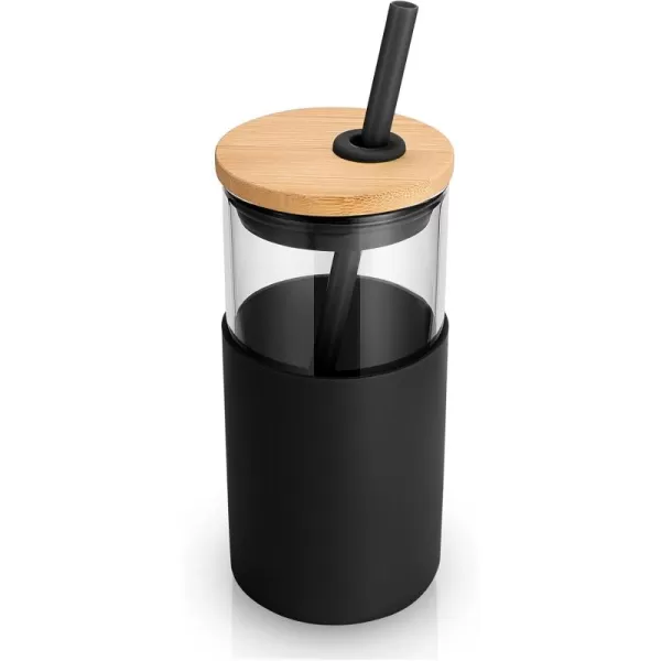Tronco 16 oz Glass Tumbler with Straw and Bamboo Lid Iced Coffee Cup Reusable Smoothie Cups Tumbler with Silicone Protective Sleeve  BPA FreeBlack