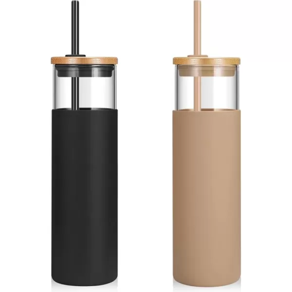 Tronco 16 oz Glass Tumbler with Straw and Bamboo Lid Iced Coffee Cup Reusable Smoothie Cups Tumbler with Silicone Protective Sleeve  BPA FreeBlack Amber
