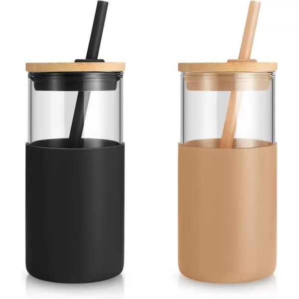 Tronco 16 oz Glass Tumbler with Straw and Bamboo Lid Iced Coffee Cup Reusable Smoothie Cups Tumbler with Silicone Protective Sleeve  BPA FreeBlack Amber2 Pack