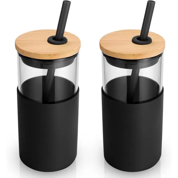 Tronco 16 oz Glass Tumbler with Straw and Bamboo Lid Iced Coffee Cup Reusable Smoothie Cups Tumbler with Silicone Protective Sleeve  BPA FreeBlack2 Pack