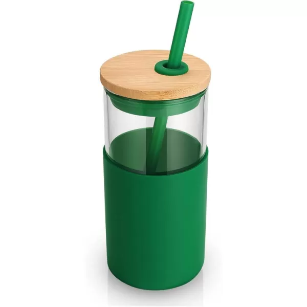 Tronco 16 oz Glass Tumbler with Straw and Bamboo Lid Iced Coffee Cup Reusable Smoothie Cups Tumbler with Silicone Protective Sleeve  BPA FreeBlackish Green