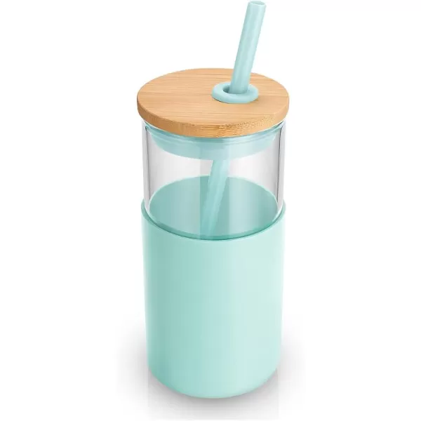 Tronco 16 oz Glass Tumbler with Straw and Bamboo Lid Iced Coffee Cup Reusable Smoothie Cups Tumbler with Silicone Protective Sleeve  BPA FreeBlessed Blue