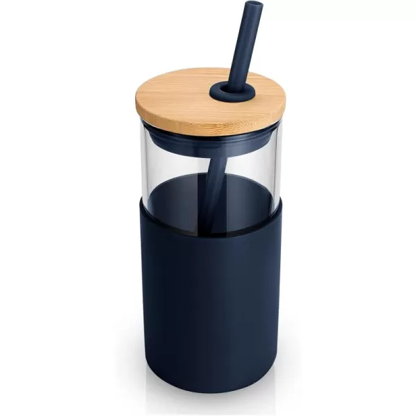 Tronco 16 oz Glass Tumbler with Straw and Bamboo Lid Iced Coffee Cup Reusable Smoothie Cups Tumbler with Silicone Protective Sleeve  BPA FreeBlue Horizon
