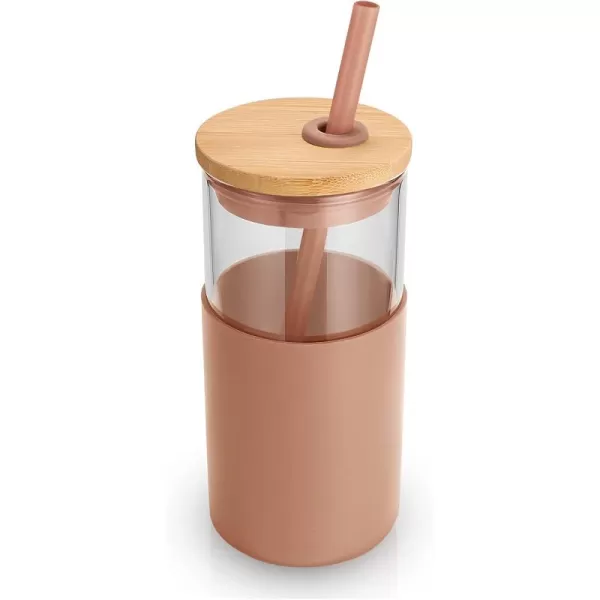 Tronco 16 oz Glass Tumbler with Straw and Bamboo Lid Iced Coffee Cup Reusable Smoothie Cups Tumbler with Silicone Protective Sleeve  BPA FreeCoffee Color