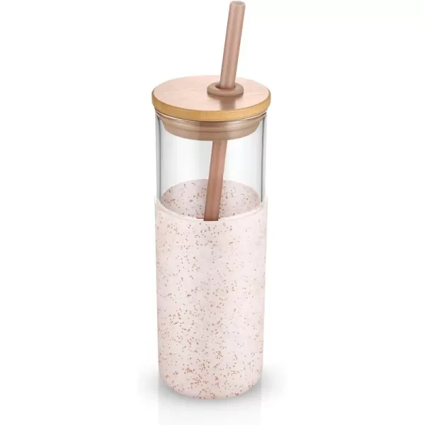 Tronco 16 oz Glass Tumbler with Straw and Bamboo Lid Iced Coffee Cup Reusable Smoothie Cups Tumbler with Silicone Protective Sleeve  BPA FreeDot Bronze
