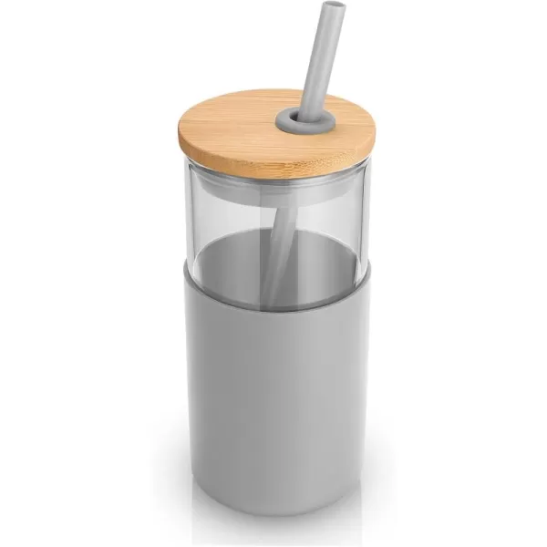 Tronco 16 oz Glass Tumbler with Straw and Bamboo Lid Iced Coffee Cup Reusable Smoothie Cups Tumbler with Silicone Protective Sleeve  BPA FreeFrench Grey
