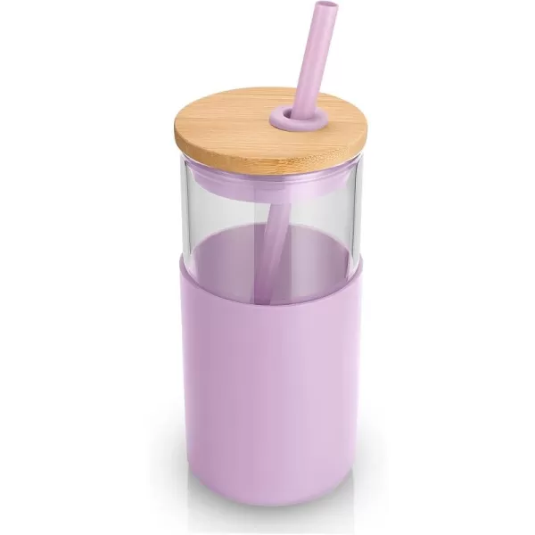 Tronco 16 oz Glass Tumbler with Straw and Bamboo Lid Iced Coffee Cup Reusable Smoothie Cups Tumbler with Silicone Protective Sleeve  BPA FreeLight Purple