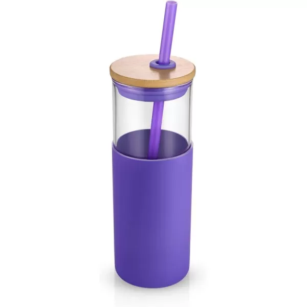 Tronco 16 oz Glass Tumbler with Straw and Bamboo Lid Iced Coffee Cup Reusable Smoothie Cups Tumbler with Silicone Protective Sleeve  BPA FreeLilac
