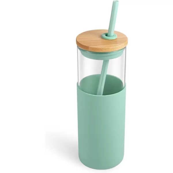 Tronco 16 oz Glass Tumbler with Straw and Bamboo Lid Iced Coffee Cup Reusable Smoothie Cups Tumbler with Silicone Protective Sleeve  BPA FreeMidnight Green