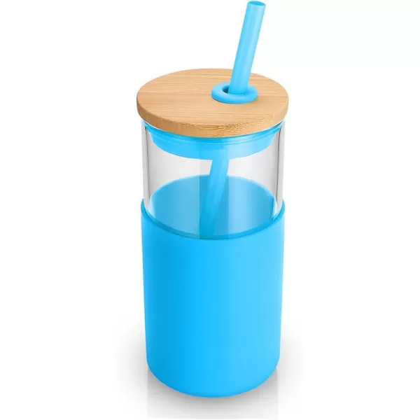 Tronco 16 oz Glass Tumbler with Straw and Bamboo Lid Iced Coffee Cup Reusable Smoothie Cups Tumbler with Silicone Protective Sleeve  BPA FreeOf Coral Blue