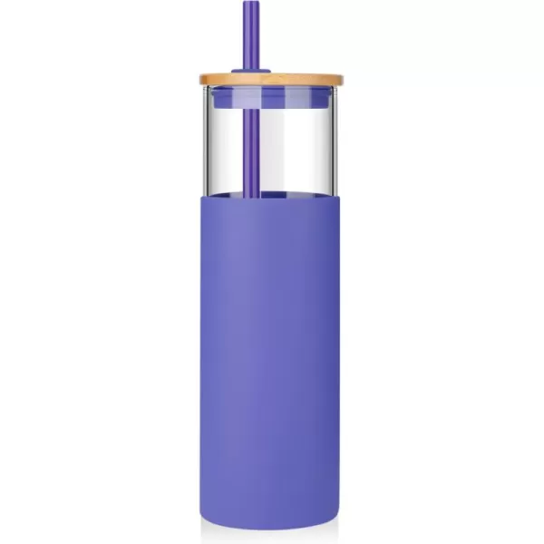 Tronco 16 oz Glass Tumbler with Straw and Bamboo Lid Iced Coffee Cup Reusable Smoothie Cups Tumbler with Silicone Protective Sleeve  BPA FreePeriwinkle Blue