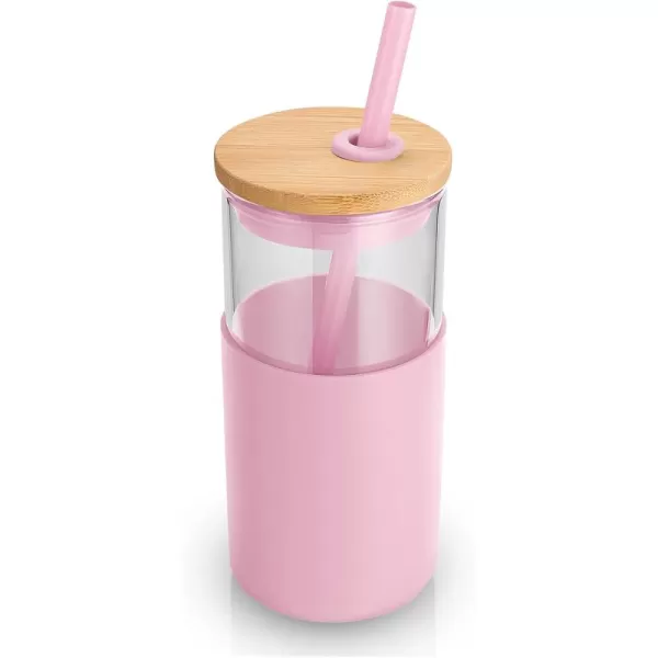 Tronco 16 oz Glass Tumbler with Straw and Bamboo Lid Iced Coffee Cup Reusable Smoothie Cups Tumbler with Silicone Protective Sleeve  BPA FreePink