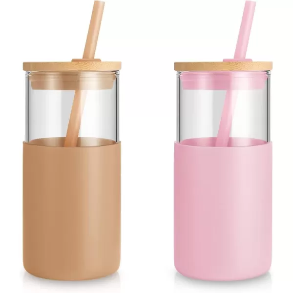 Tronco 16 oz Glass Tumbler with Straw and Bamboo Lid Iced Coffee Cup Reusable Smoothie Cups Tumbler with Silicone Protective Sleeve  BPA FreePink Amber2 Pack