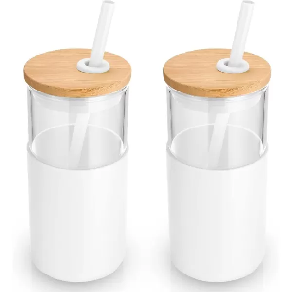 Tronco 16 oz Glass Tumbler with Straw and Bamboo Lid Iced Coffee Cup Reusable Smoothie Cups Tumbler with Silicone Protective Sleeve  BPA FreeWhite2 Pack
