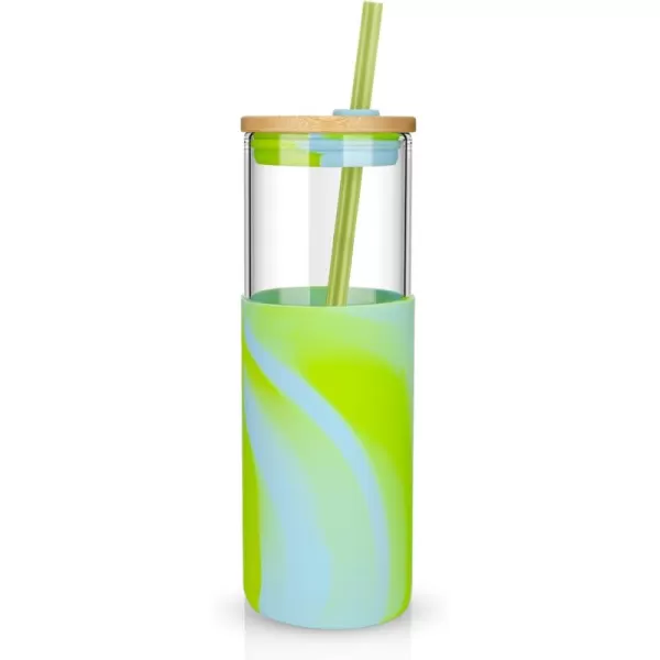 Tronco 16 oz Glass Tumbler with Straw and Bamboo Lid Iced Coffee Cup Reusable Smoothie Cups Tumbler with Silicone Protective Sleeve  BPA FreeYellow and blue colours