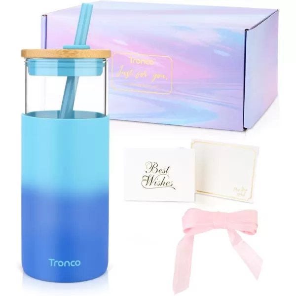 Tronco 20 oz Glass Tumbler with Straw and Bamboo Lid Reusable Iced Coffee Cup Smoothie Cup Glass Water Bottle with Silicone Sleeve  BPA Free Gift for Women Birthdays GraduationsBlue Waves