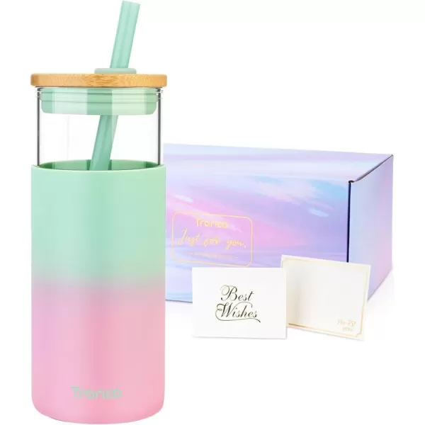 Tronco 20 oz Glass Tumbler with Straw and Bamboo Lid Reusable Iced Coffee Cup Smoothie Cup Glass Water Bottle with Silicone Sleeve  BPA Free Gift for Women Birthdays GraduationsBubble Gum
