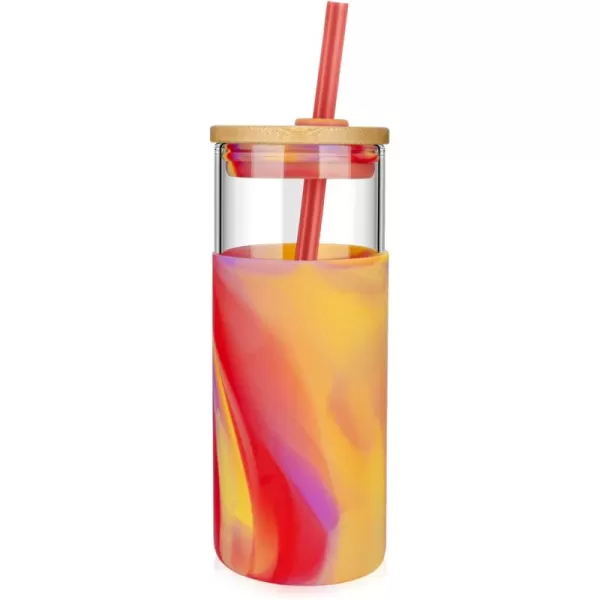 Tronco 20 oz Glass Tumbler with Straw and Lid Glass Cup with Lid and Straw Iced Coffee Cup Reusable Smoothie Cups Bamboo Lid and Protective Silicone Sleeve  BPAFreeReddish Yellow