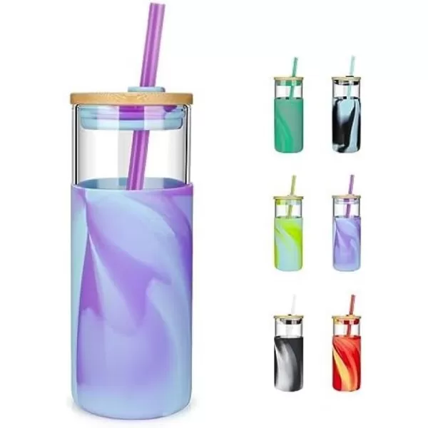 Tronco 20 oz Glass Tumbler with Straw and Lid Glass Cup with Lid and Straw Iced Coffee Cup Reusable Smoothie Cups Bamboo Lid and Protective Silicone Sleeve  BPAFreeFancy violet