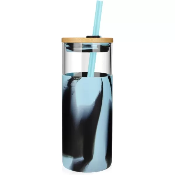 Tronco 20 oz Glass Tumbler with Straw and Lid Glass Cup with Lid and Straw Iced Coffee Cup Reusable Smoothie Cups Bamboo Lid and Protective Silicone Sleeve  BPAFreeBlack color blue