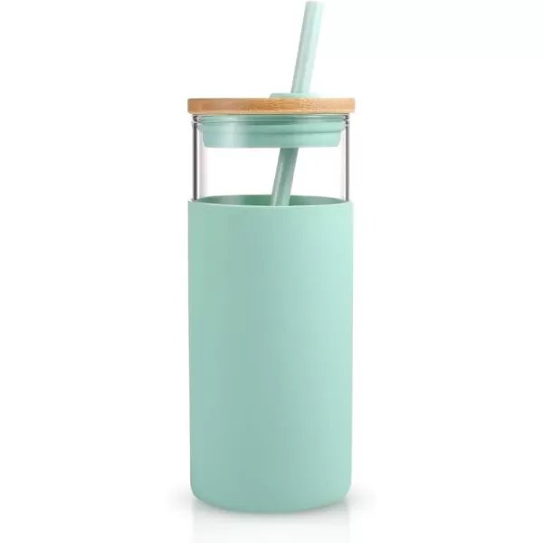 Tronco 20 oz Glass Tumbler with Straw and Lid Glass Cup with Lid and Straw Iced Coffee Cup Reusable Smoothie Cups Bamboo Lid and Protective Silicone Sleeve  BPAFreeMidnight Green