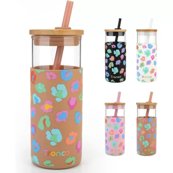 Tronco 20 oz Glass Tumbler with Straw and Lid Glass Cup with Lid and Straw Iced Coffee Cup Reusable Smoothie Cups Bamboo Lid and Protective Silicone Sleeve  BPAFreeKhaki Leopard Pattern