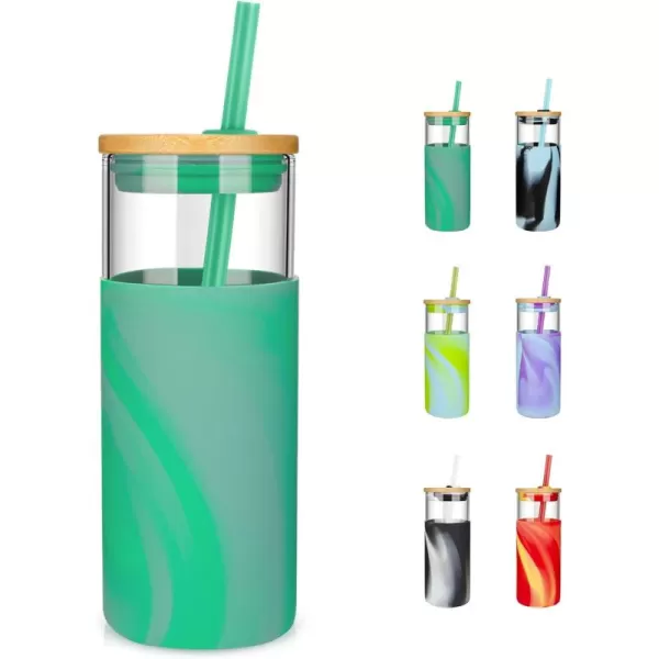Tronco 20 oz Glass Tumbler with Straw and Lid Glass Cup with Lid and Straw Iced Coffee Cup Reusable Smoothie Cups Bamboo Lid and Protective Silicone Sleeve  BPAFreeGreyGreen