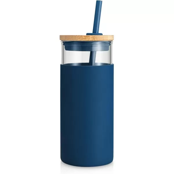 Tronco 20 oz Glass Tumbler with Straw and Lid Glass Cup with Lid and Straw Iced Coffee Cup Reusable Smoothie Cups Bamboo Lid and Protective Silicone Sleeve  BPAFreeBlue Horizon