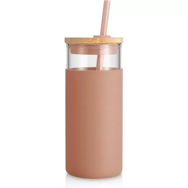 Tronco 20 oz Glass Tumbler with Straw and Lid Glass Cup with Lid and Straw Iced Coffee Cup Reusable Smoothie Cups Bamboo Lid and Protective Silicone Sleeve  BPAFreeCoffee Color
