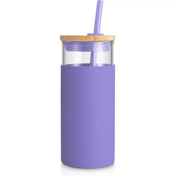 Tronco 20 oz Glass Tumbler with Straw and Lid Glass Cup with Lid and Straw Iced Coffee Cup Reusable Smoothie Cups Bamboo Lid and Protective Silicone Sleeve  BPAFreeLilac