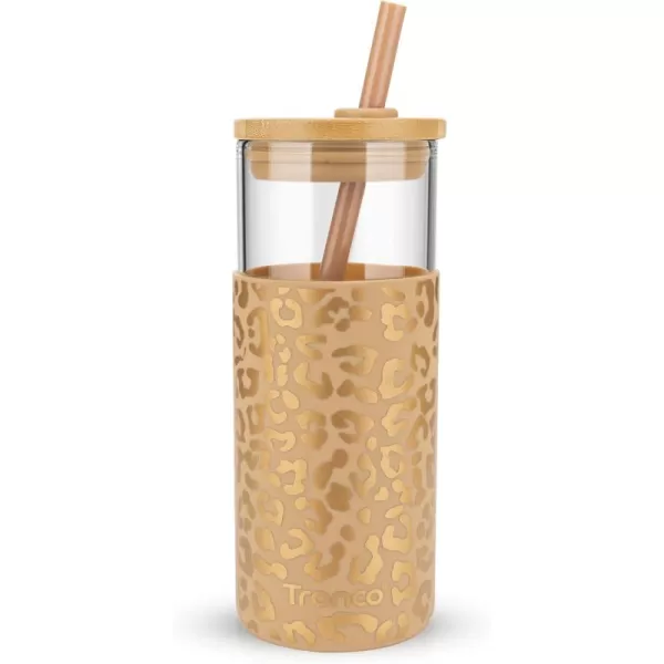 Tronco 20 oz Glass Tumbler with Straw and Lid Glass Cup with Lid and Straw Iced Coffee Cup Reusable Smoothie Cups Bamboo Lid and Protective Silicone Sleeve  BPAFreeAmber leopard