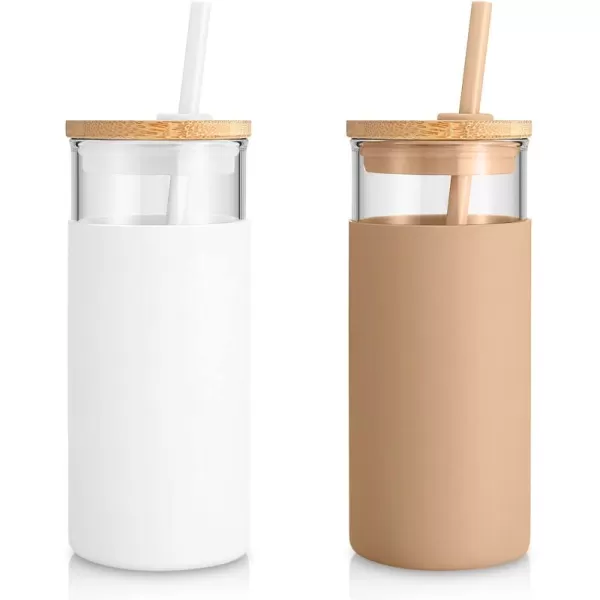 Tronco 20 oz Glass Tumbler with Straw and Lid Glass Cup with Lid and Straw Iced Coffee Cup Reusable Smoothie Cups Bamboo Lid and Protective Silicone Sleeve  BPAFreeWhite Amber