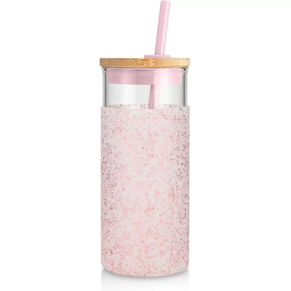 Tronco 20 oz Glass Tumbler with Straw and Lid Glass Cup with Lid and Straw Iced Coffee Cup Reusable Smoothie Cups Bamboo Lid and Protective Silicone Sleeve  BPAFreeDot Pink