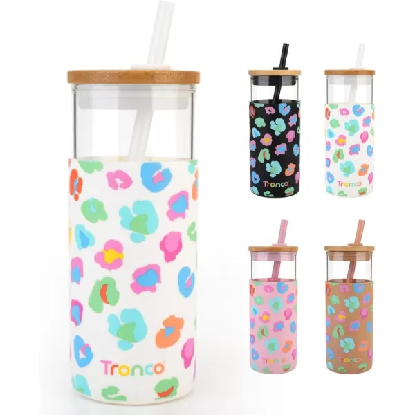 Tronco 20 oz Glass Tumbler with Straw and Lid Glass Cup with Lid and Straw Iced Coffee Cup Reusable Smoothie Cups Bamboo Lid and Protective Silicone Sleeve  BPAFreeWhite Leopard Pattern