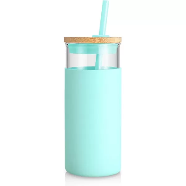 Tronco 20 oz Glass Tumbler with Straw and Lid Glass Cup with Lid and Straw Iced Coffee Cup Reusable Smoothie Cups Bamboo Lid and Protective Silicone Sleeve  BPAFreeBlessed Blue