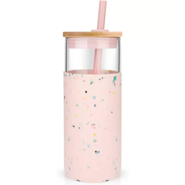Tronco 20 oz Glass Tumbler with Straw and Lid Glass Cup with Lid and Straw Iced Coffee Cup Reusable Smoothie Cups Bamboo Lid and Protective Silicone Sleeve  BPAFreeTerrazzo Blush