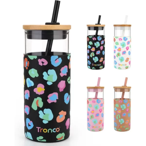 Tronco 20 oz Glass Tumbler with Straw and Lid Glass Cup with Lid and Straw Iced Coffee Cup Reusable Smoothie Cups Bamboo Lid and Protective Silicone Sleeve  BPAFreeBlack Leopard Pattern